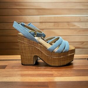 NWOT New Sam Edelman Tibby Platform Heels Size 5.5 in Blue Denim and Brown